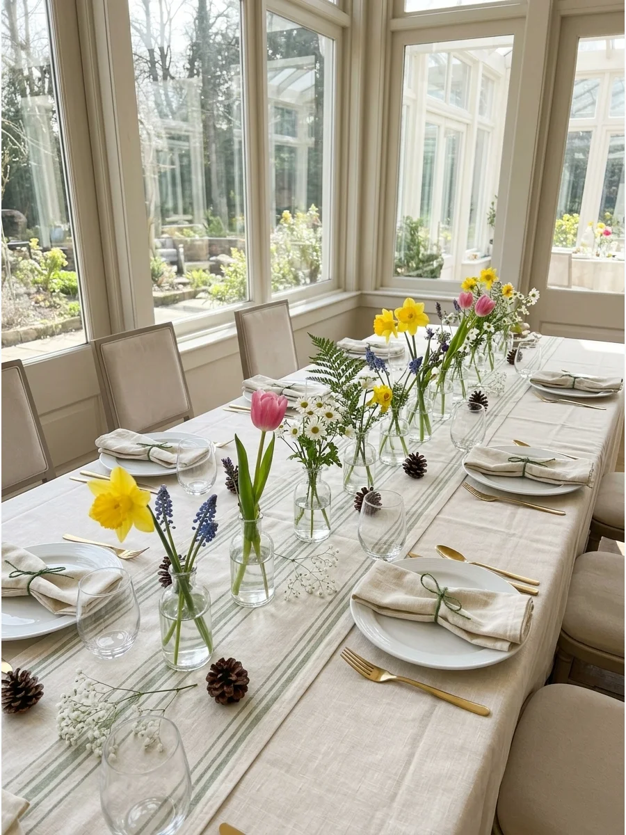 A dining table set with many small glass vases holding individual spring flowers.