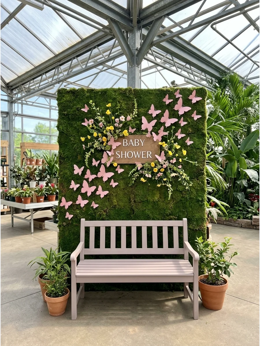A green moss wall decorated with butterflies and flowers for a baby shower.