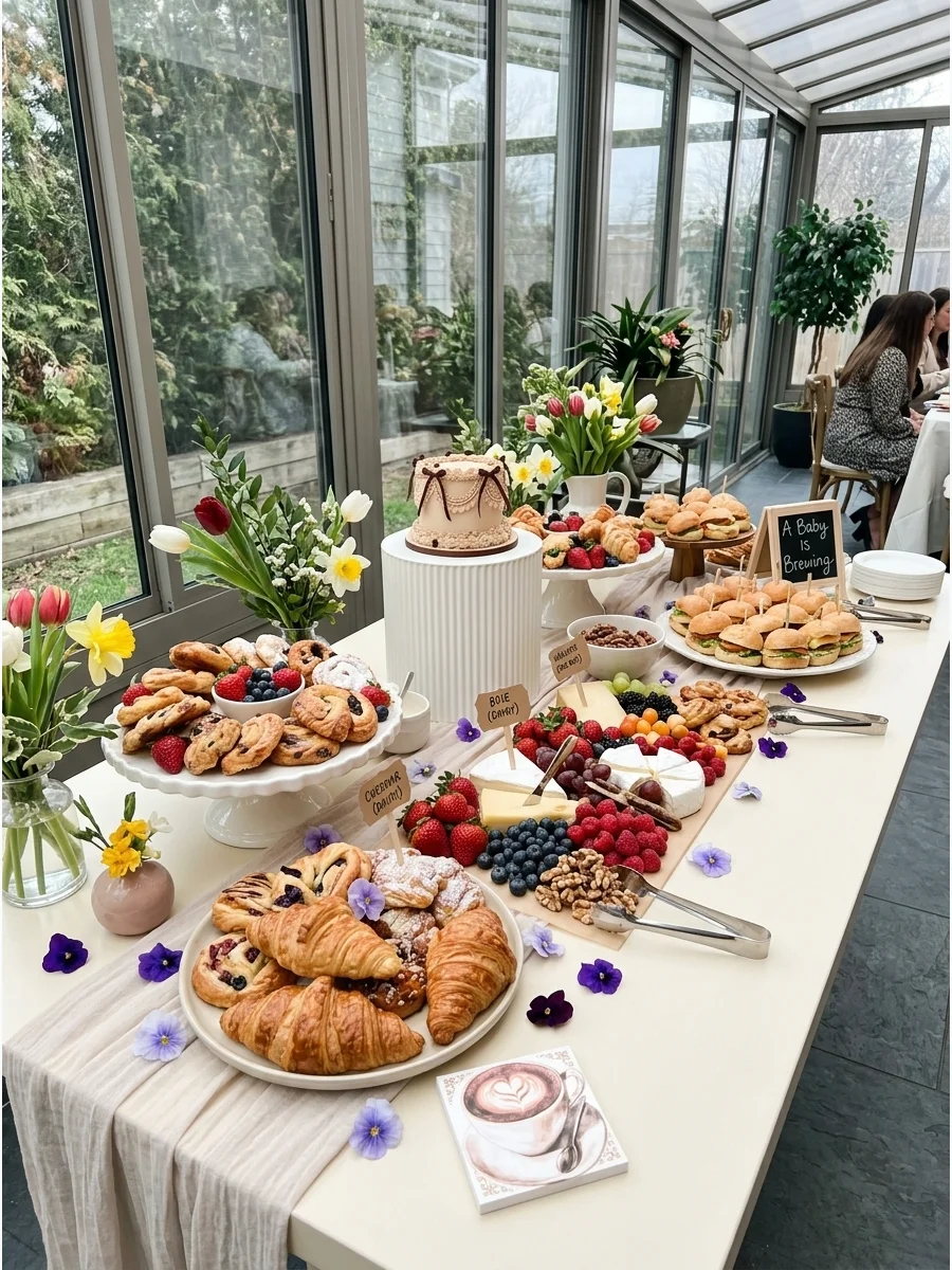 A lush brunch grazing table with pastries and fruit on an enclosed patio.