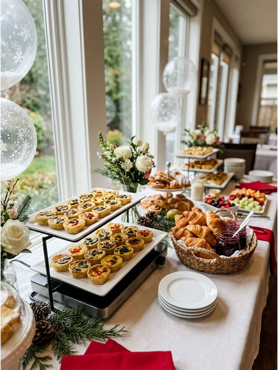 A brunch bar with mini quiches and croissants on tiered serving stands.