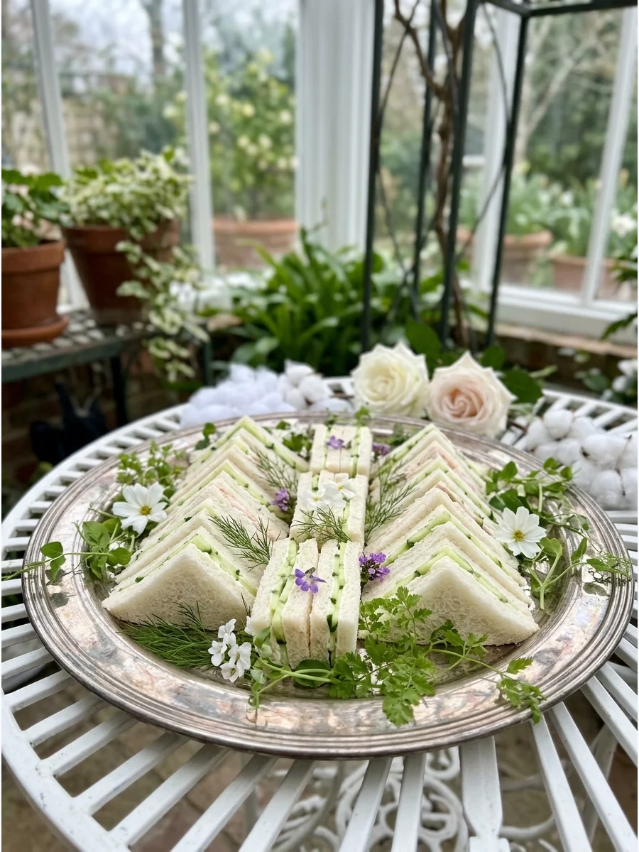 A platter of cucumber tea sandwiches garnished with dill and flowers.