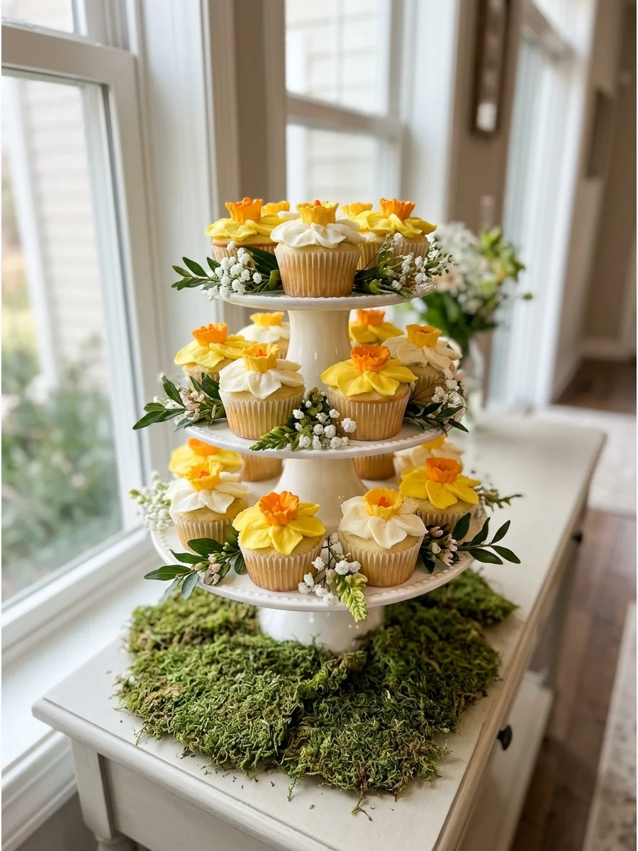 Cupcakes decorated with yellow and white frosting to look like daffodils.