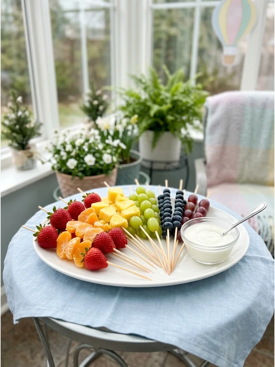 Fruit skewers arranged in a rainbow shape on a white serving platter.