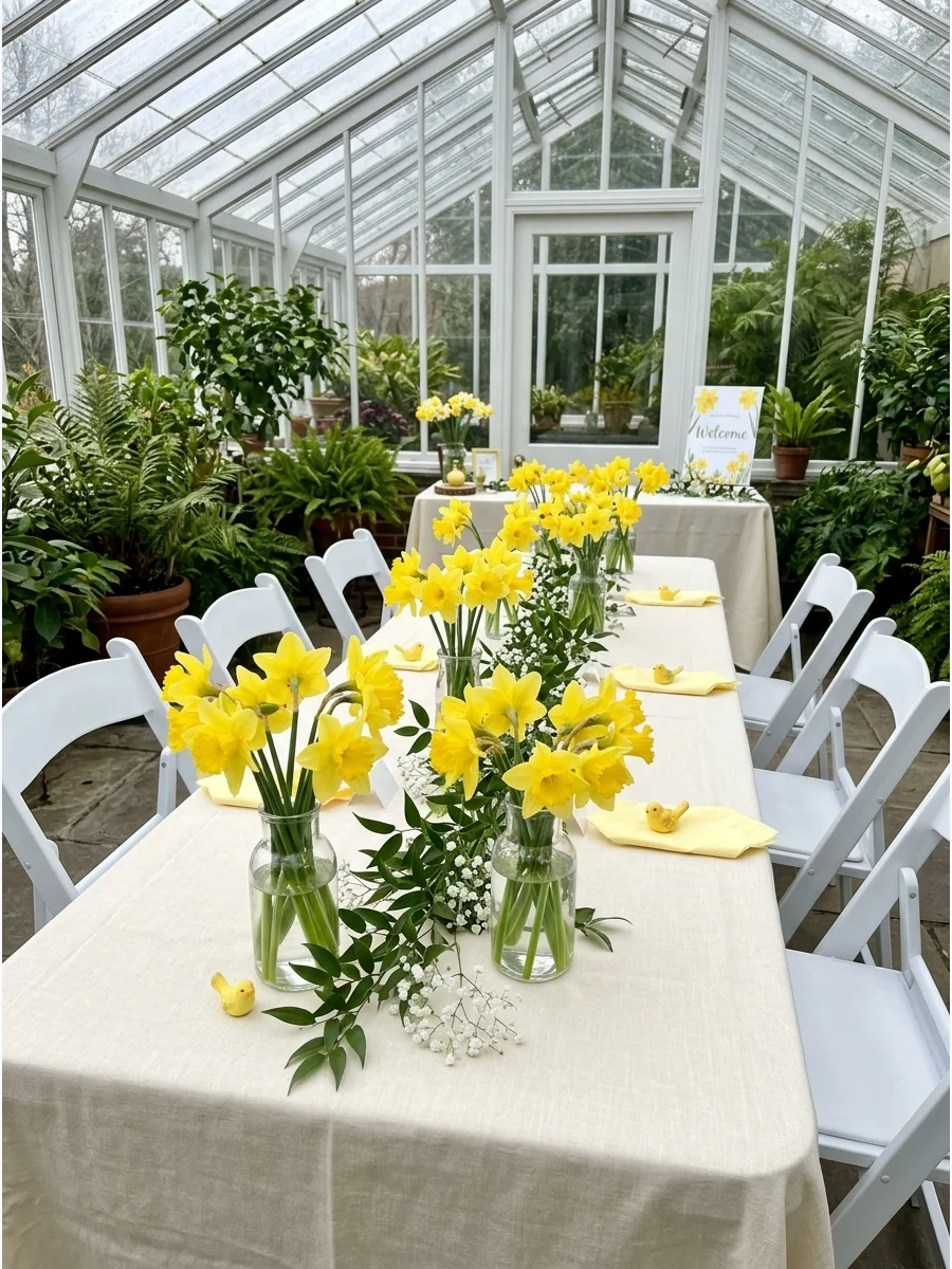 Yellow daffodil centerpieces on a cream tablecloth in a conservatory.