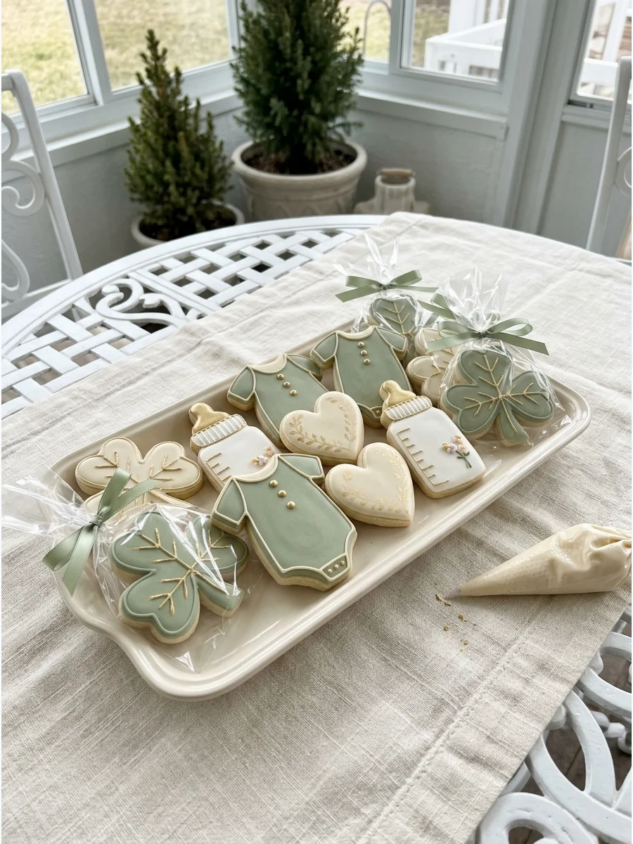 Decorated sugar cookies in shamrock and baby shapes with green icing.
