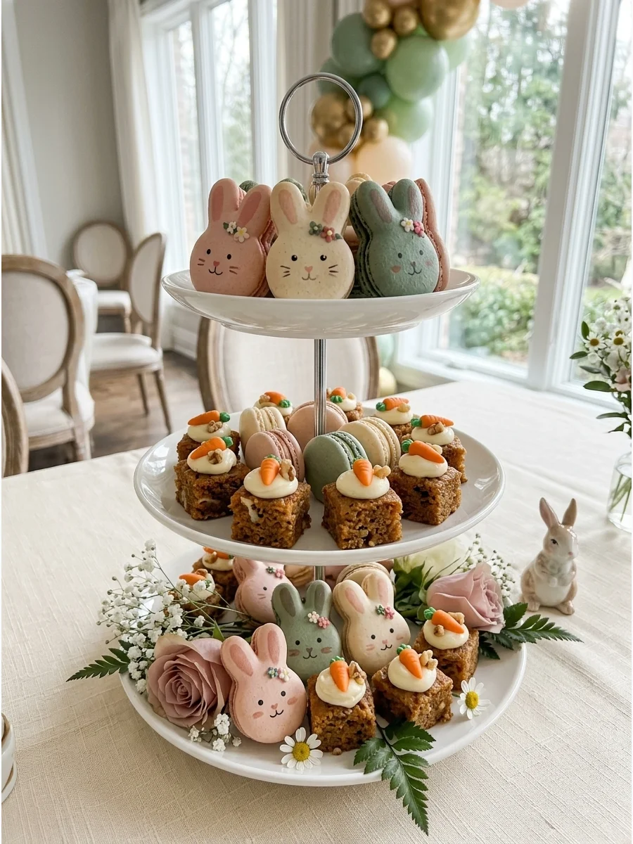 Bunny macarons and carrot cake bites on a tiered stand.