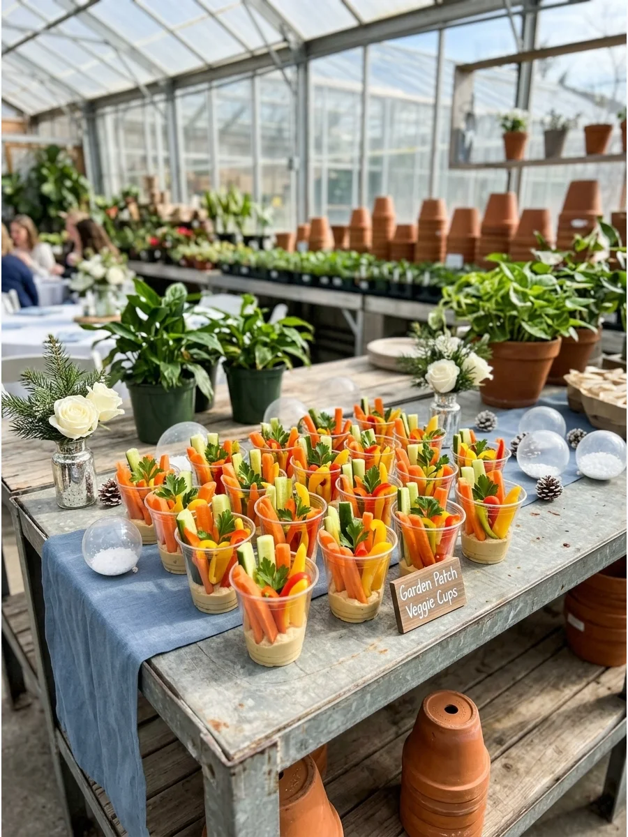 Individual vegetable cups with hummus at a garden-themed shower.