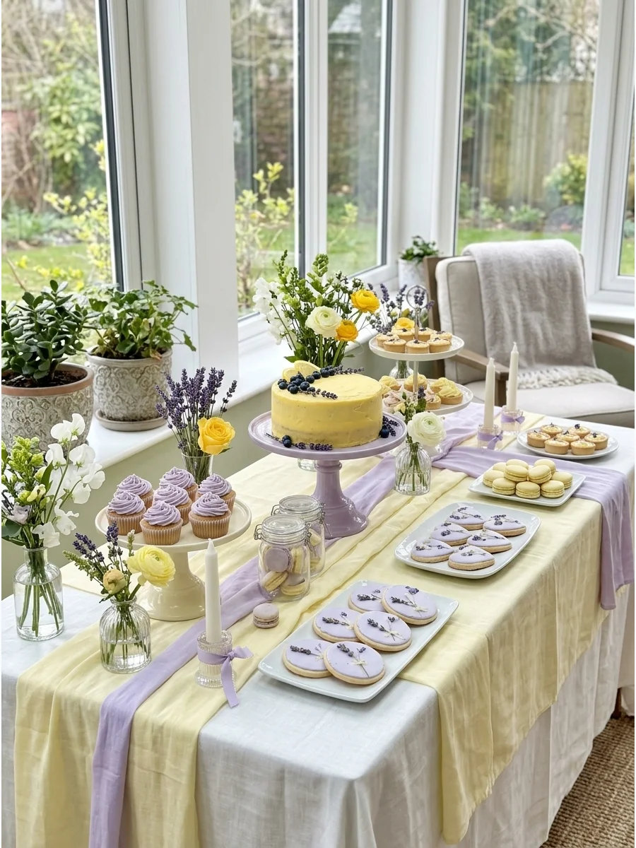 Lemon and lavender dessert table with pastel decorations.