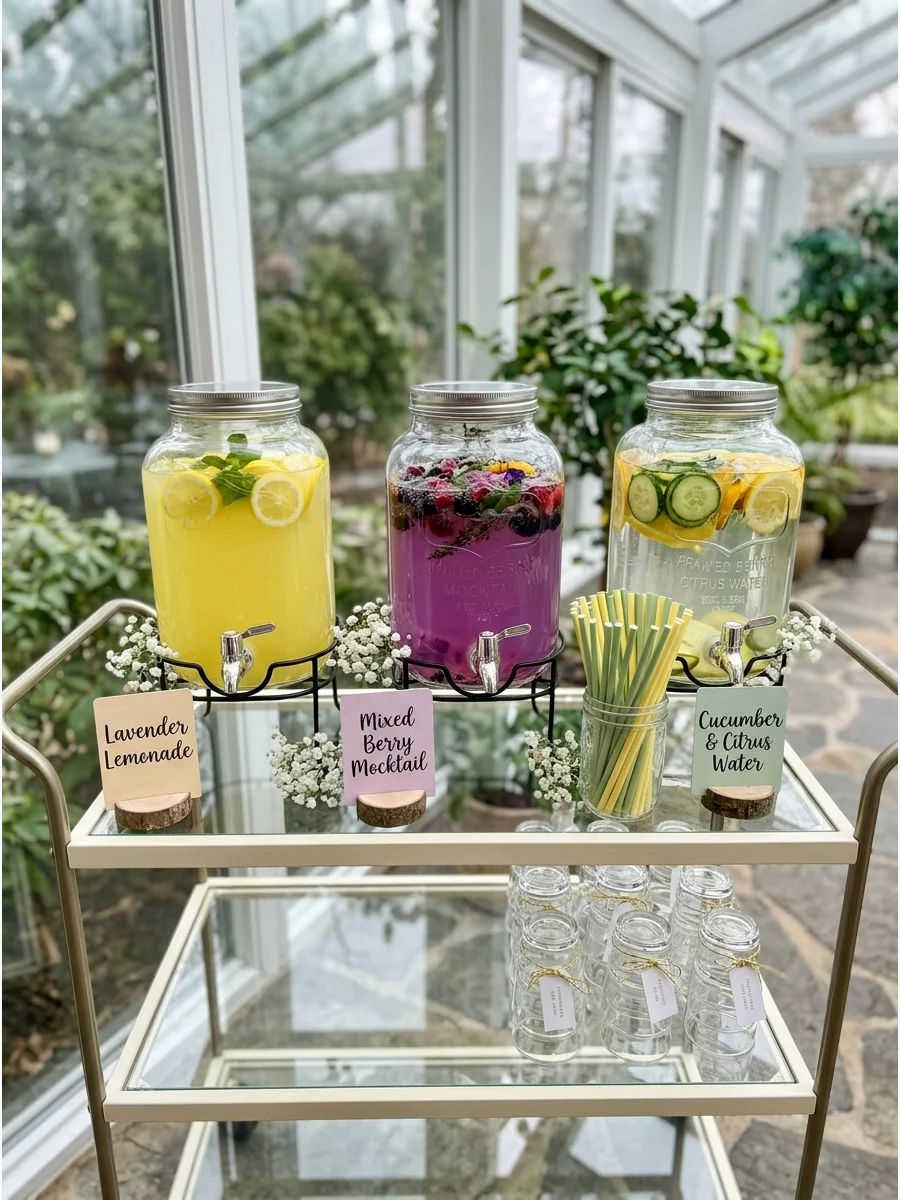 Pastel mocktail bar with glass dispensers and fruit garnishes.