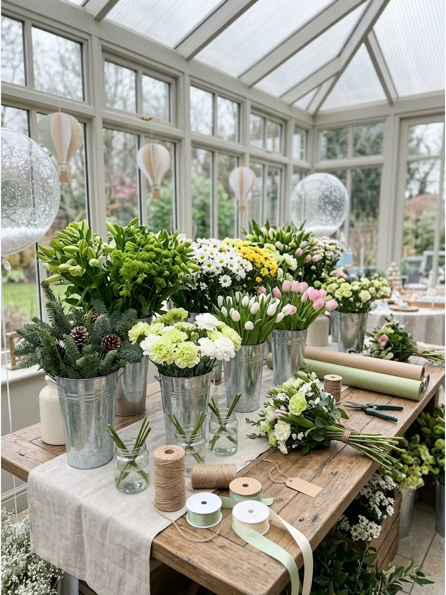 A flower bouquet bar with tulips and daffodils in buckets.