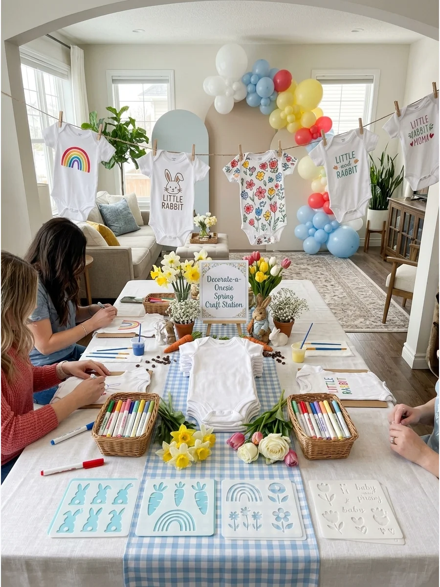 Onesie decorating station with fabric markers and stencils.