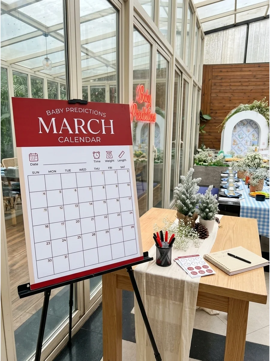 March calendar prediction board for a baby shower.