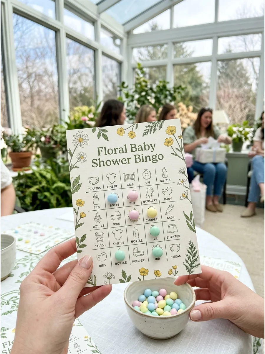 Floral baby shower bingo card with watercolor flowers.