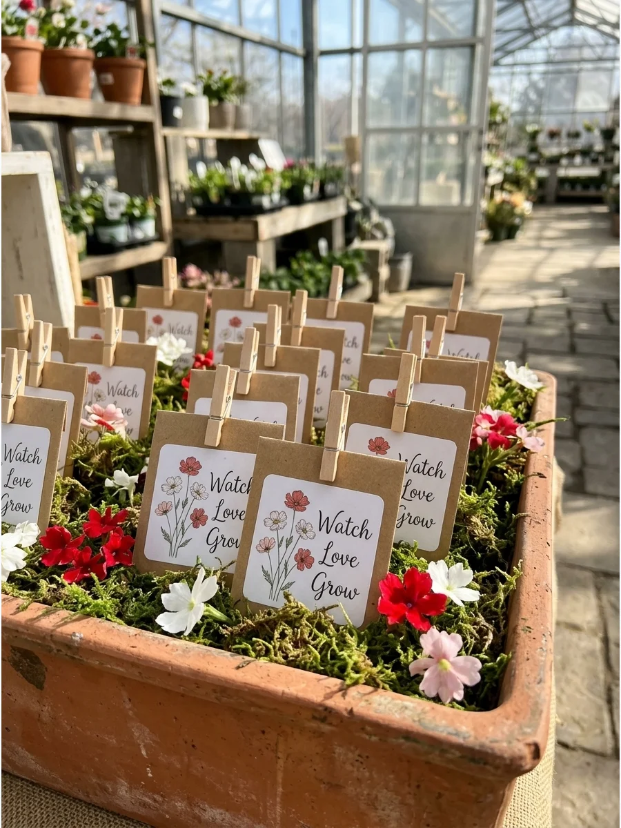 Wildflower seed packet favors in a moss-lined crate.