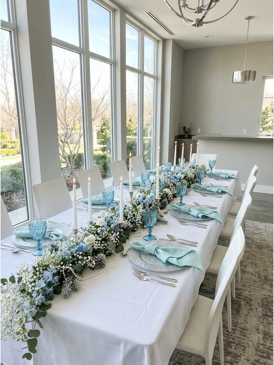 Elegant table setting with aquamarine glassware and silver accents.