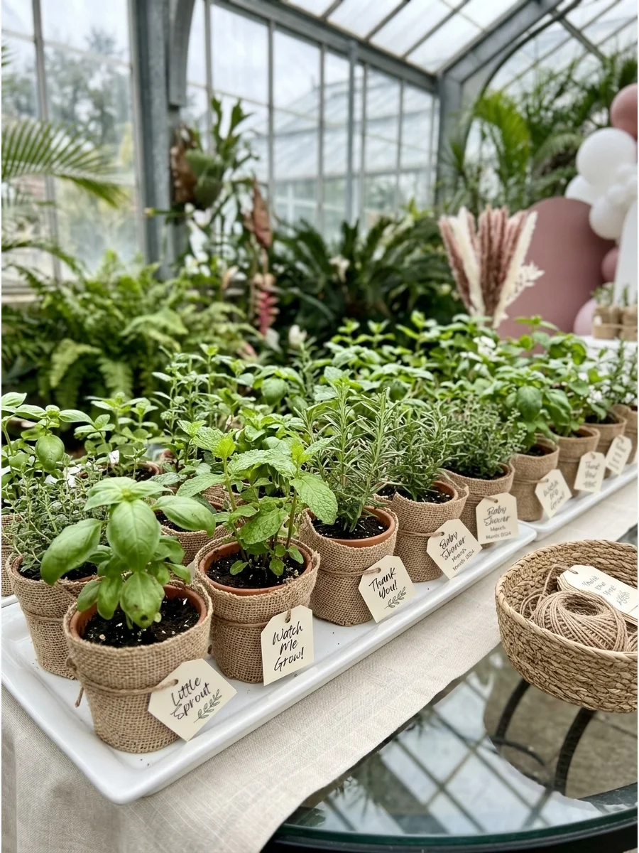 Mini potted herb favors wrapped in burlap and sage ribbon.