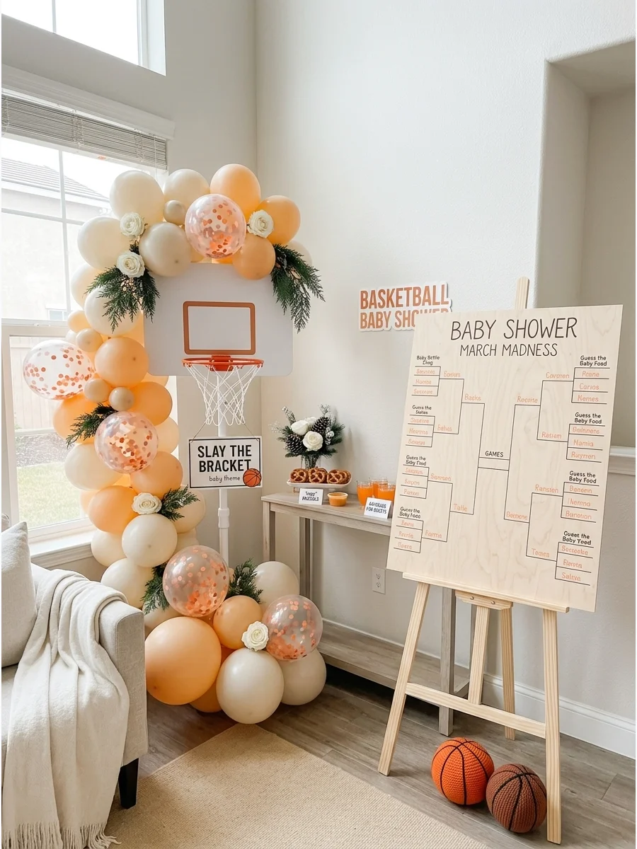 Basketball themed baby shower decor with a mini hoop and bracket board.