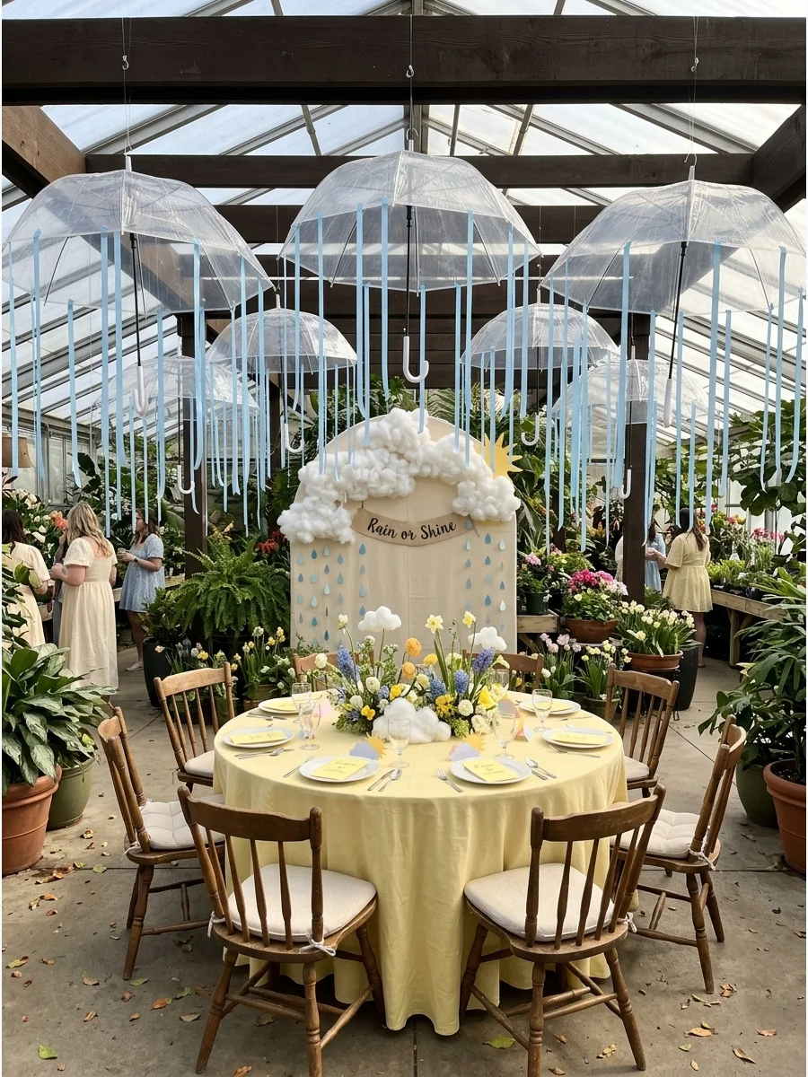Clear umbrellas hanging from the ceiling with blue ribbon raindrops.