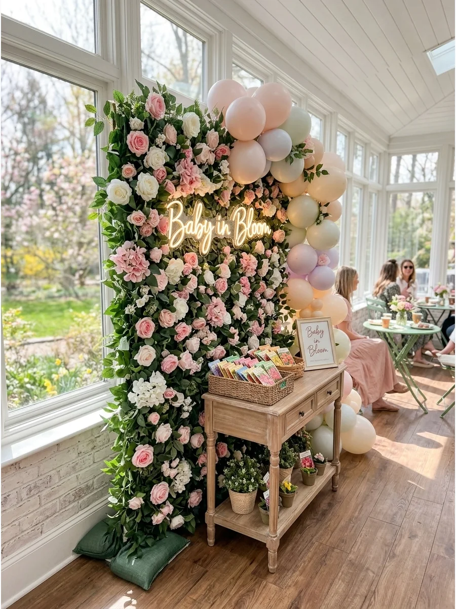 Floral backdrop wall and seed packet favor station in a sunroom.