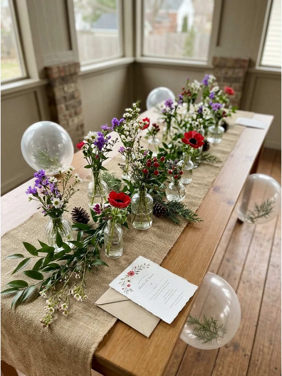 Wildflower arrangements in mismatched jars on a burlap runner.