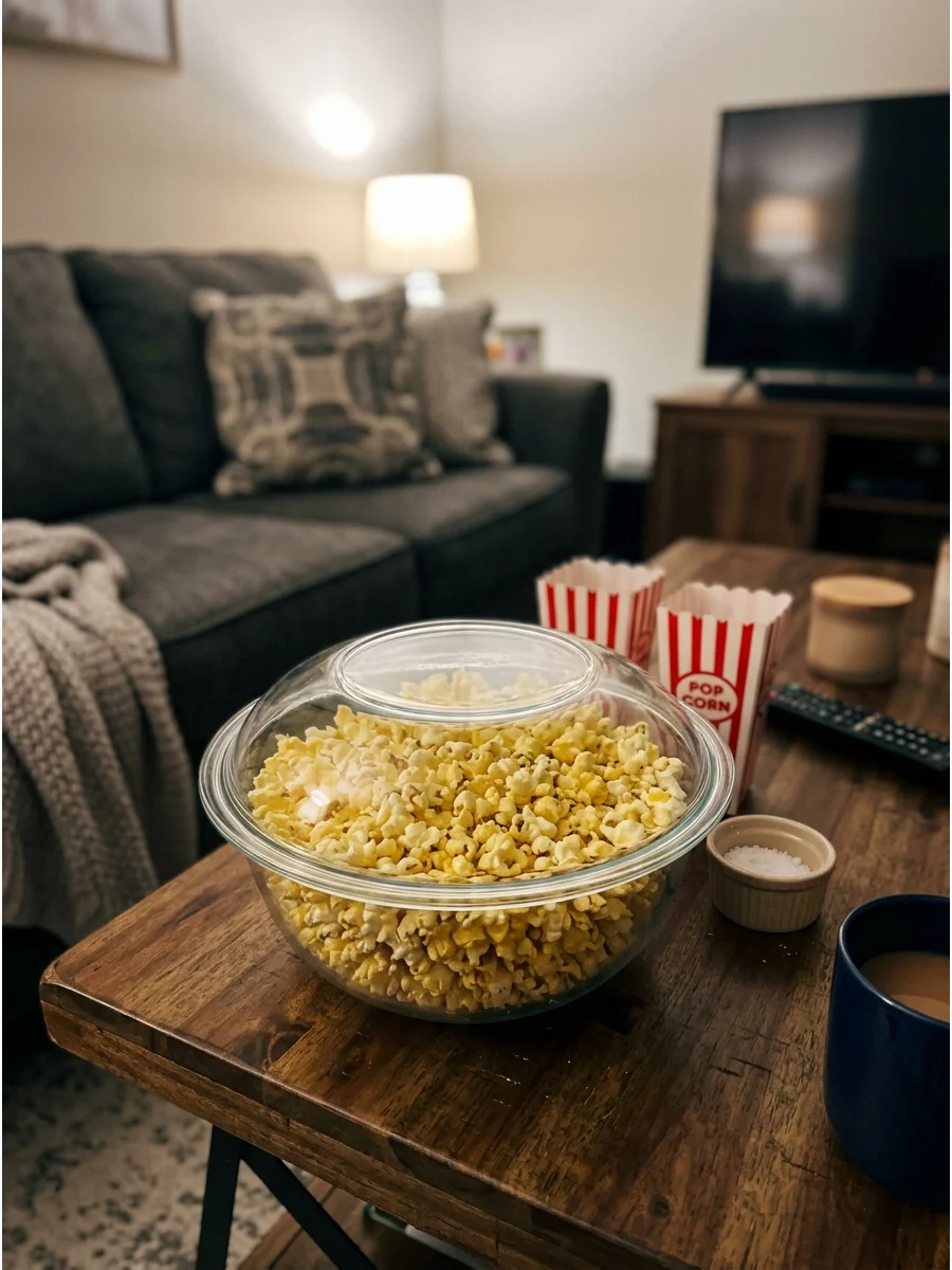 A large yellow bowl filled with buttery popcorn on a wooden table.