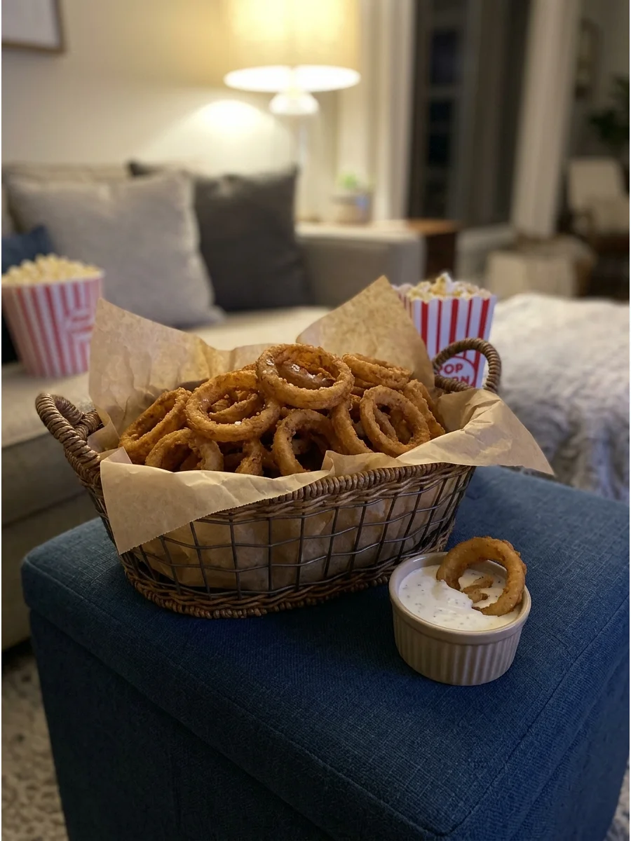 A stack of breaded onion rings next to a small bowl of white sauce.