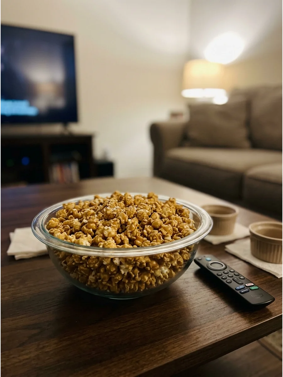 A bowl of caramel popcorn with sea salt on a coffee table.