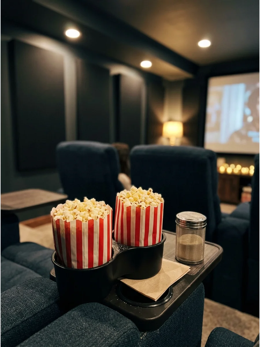 Paper bags of white cheddar popcorn in theater seat cup holders.