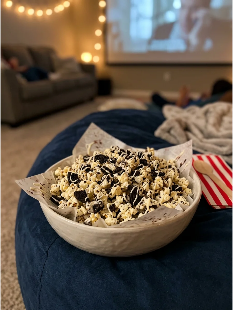 Popcorn mixed with crushed cookies and white chocolate on a tray.