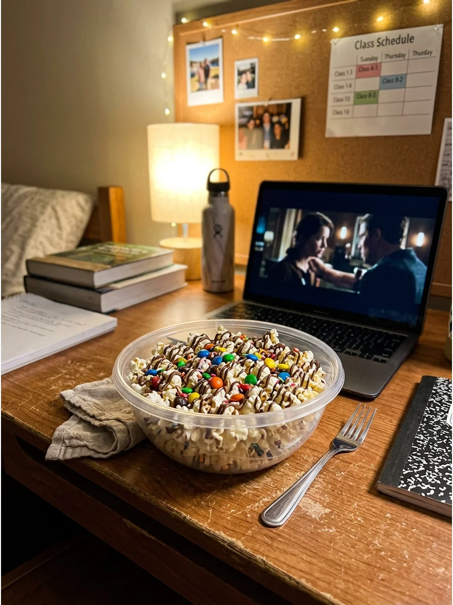 Popcorn drizzled with chocolate and sprinkles in a plastic bowl.