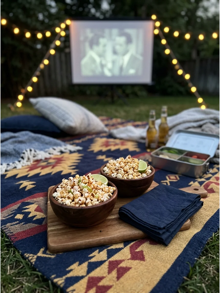 Wooden bowls of spicy popcorn on a blanket outdoors.