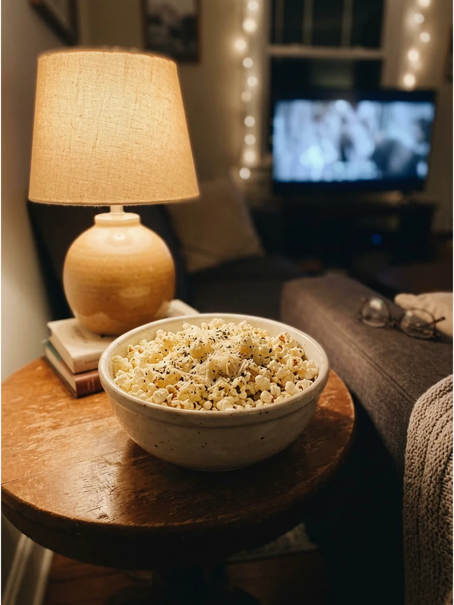 A bowl of popcorn topped with green herbs and parmesan cheese.