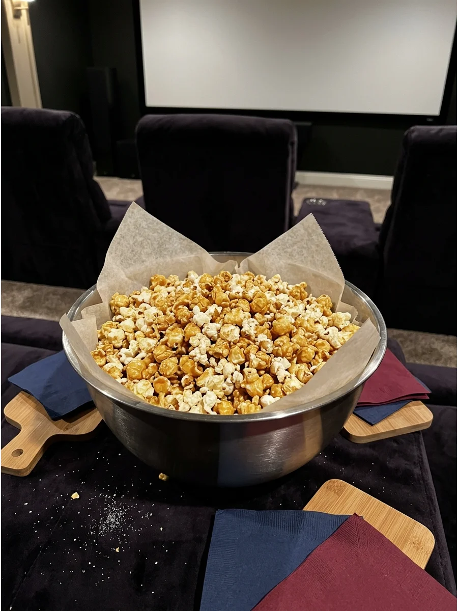 A metal bowl filled with sweet and salty kettle corn.
