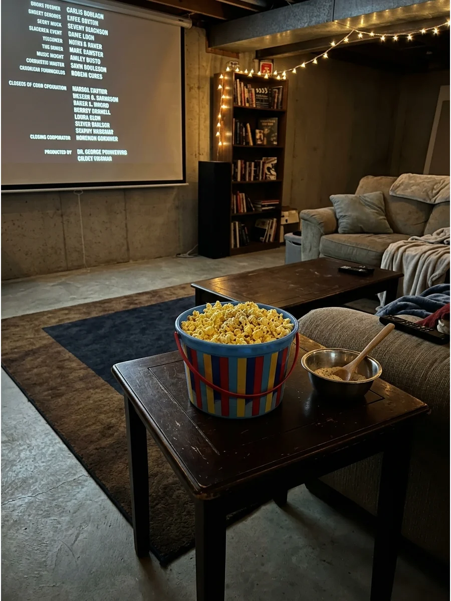 A plastic tub of popcorn seasoned with ranch powder.