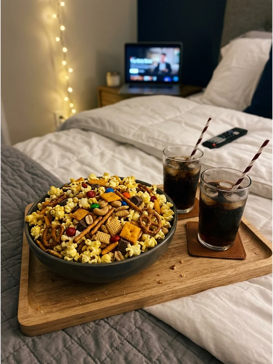 A tray holding a bowl of mixed snacks and drinks on a bed.