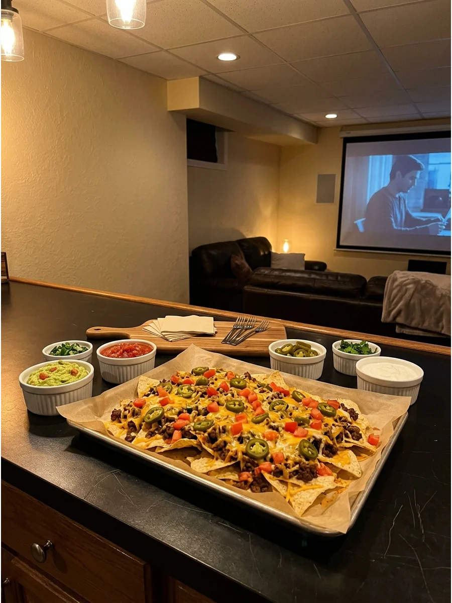 A sheet pan of nachos topped with cheese, meat, and jalapeños.