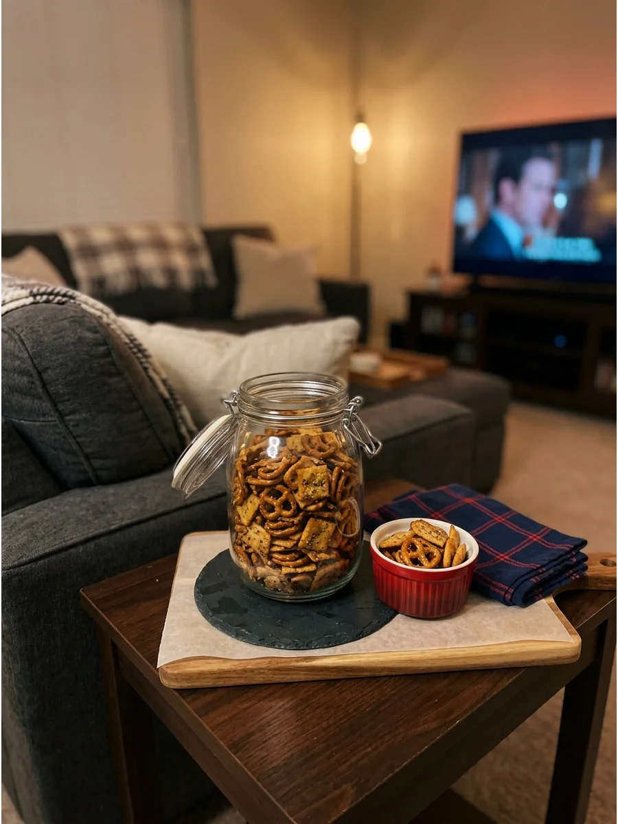 A glass jar of seasoned savory snack mix on a table.