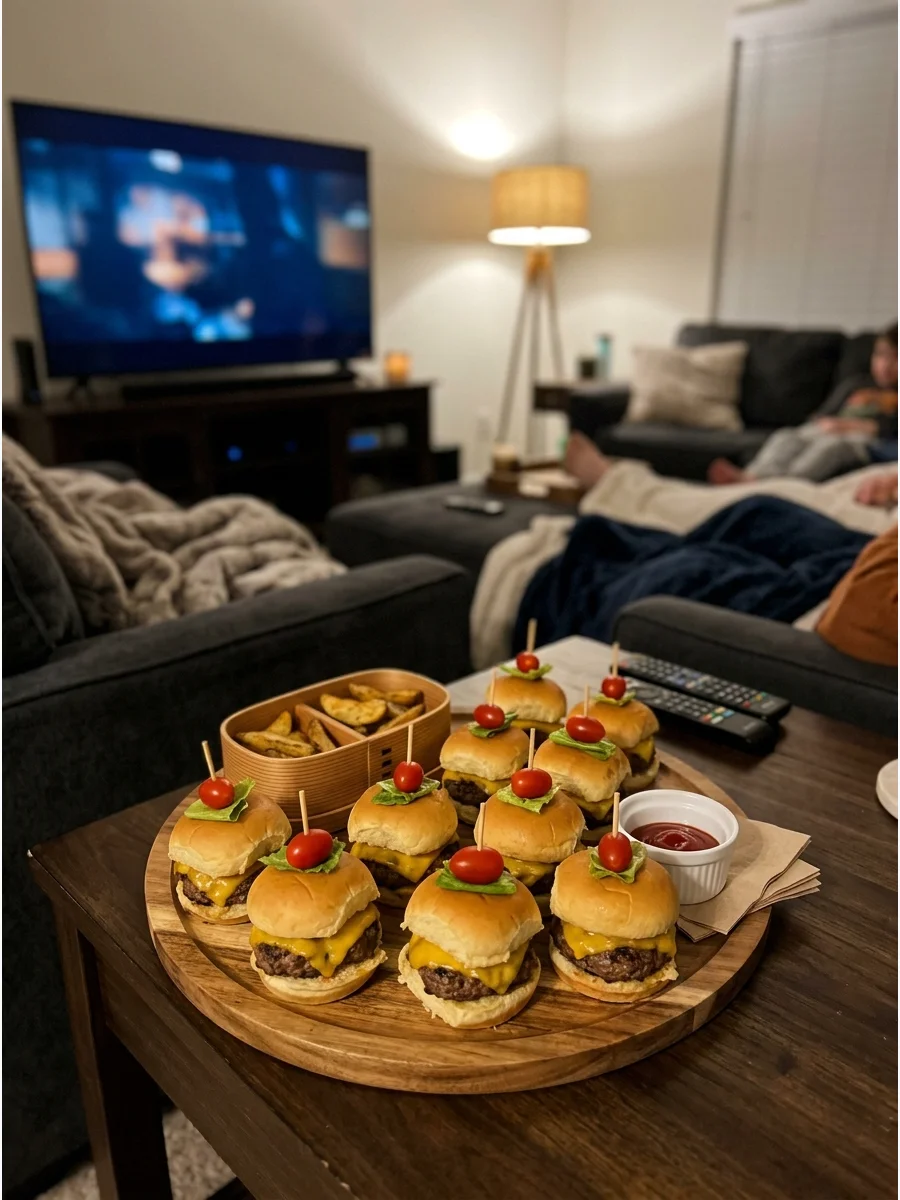 A white platter filled with small cheeseburger sliders on a wooden coffee table.