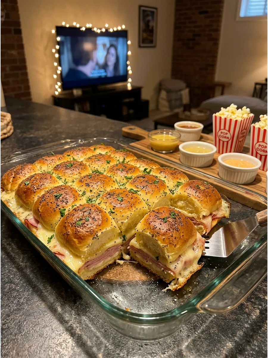 A glass baking dish containing sixteen golden-brown ham and cheese sliders.