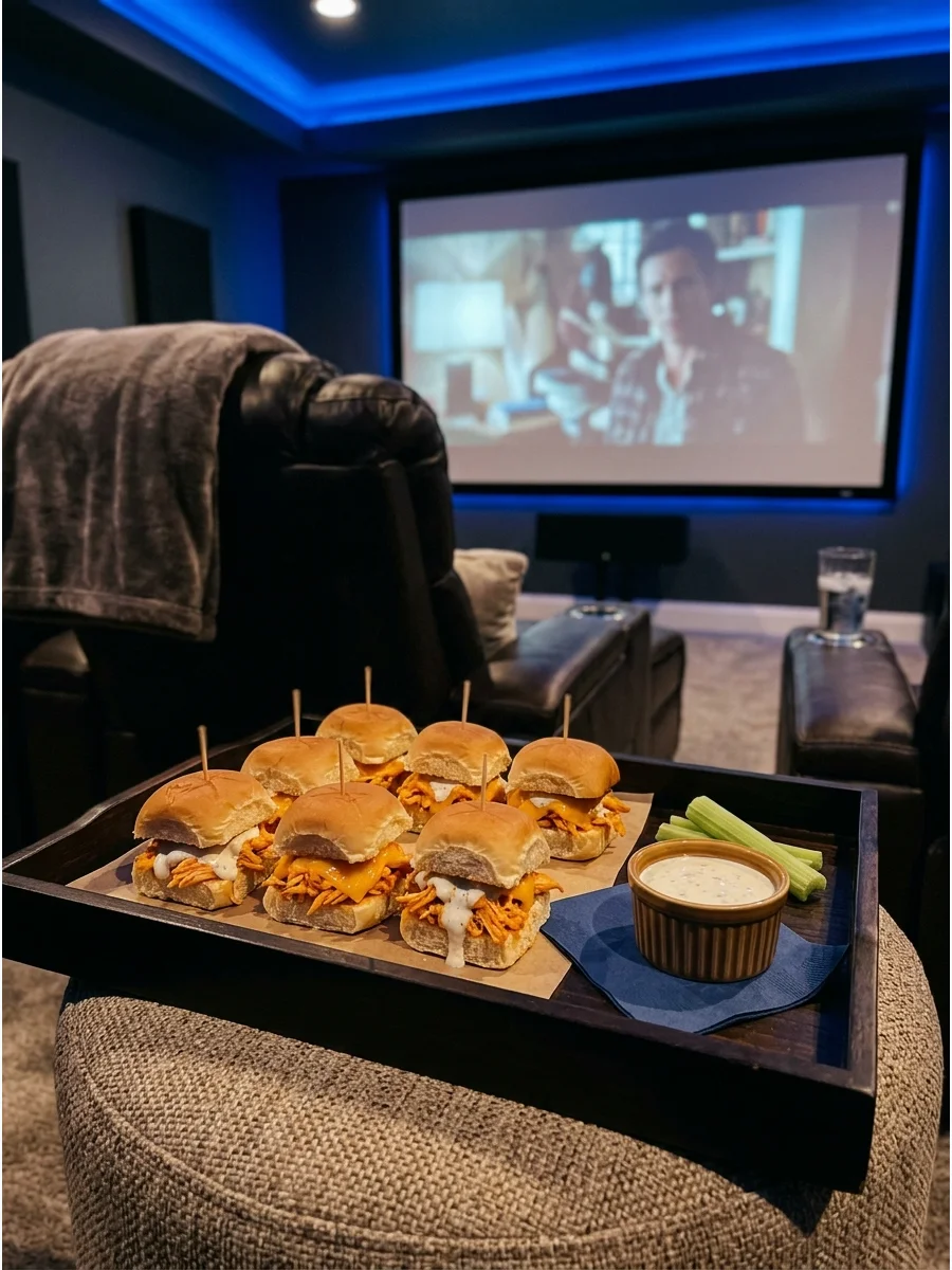 Spicy buffalo chicken sliders with ranch drizzle on a black serving tray.