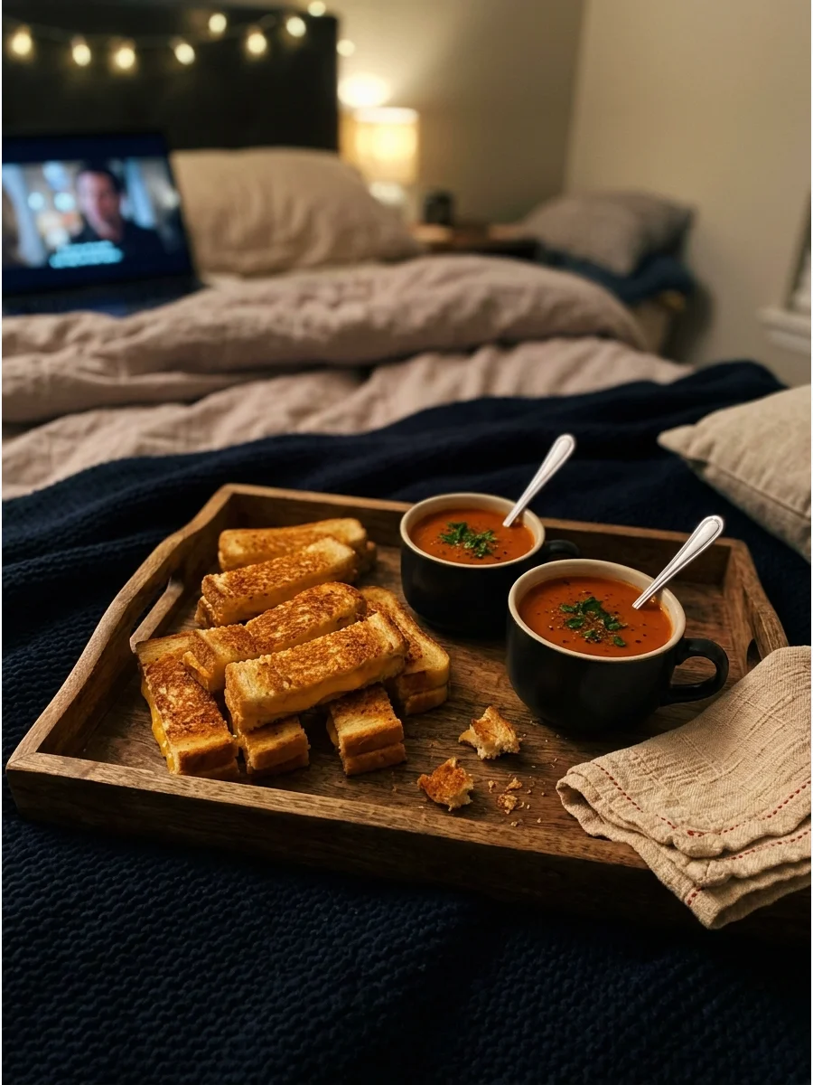 A wooden bed tray with golden grilled cheese strips and two small mugs of tomato soup.