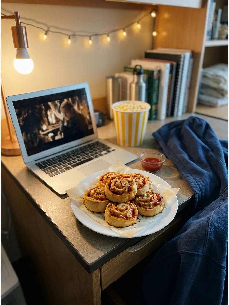 A white plate of pepperoni pizza pinwheels on a desk next to a laptop.