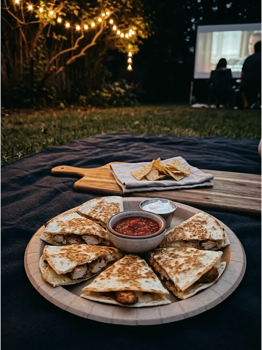 A stack of chicken quesadilla wedges on a sturdy paper plate outdoors.