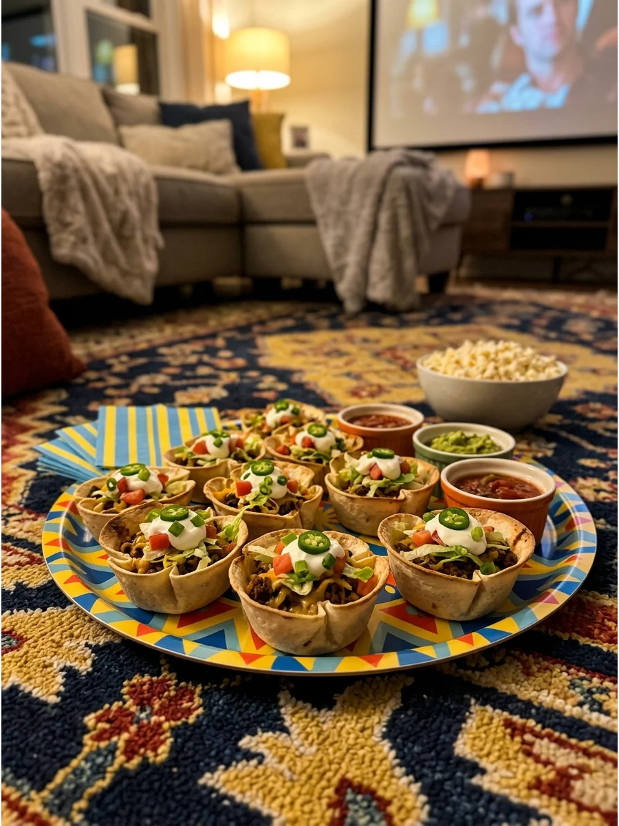 A tray of crunchy taco cups filled with beef, cheese, and diced tomatoes.