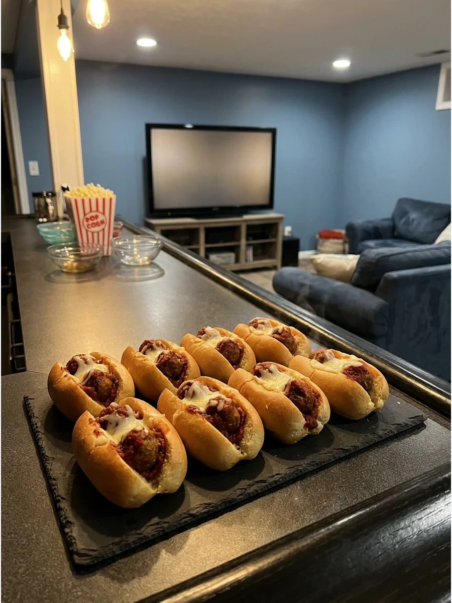 Rows of mini meatball subs with melted cheese on a slate serving board.