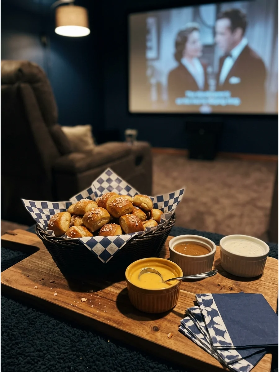 A basket of salted pretzel bites next to a small bowl of cheese.