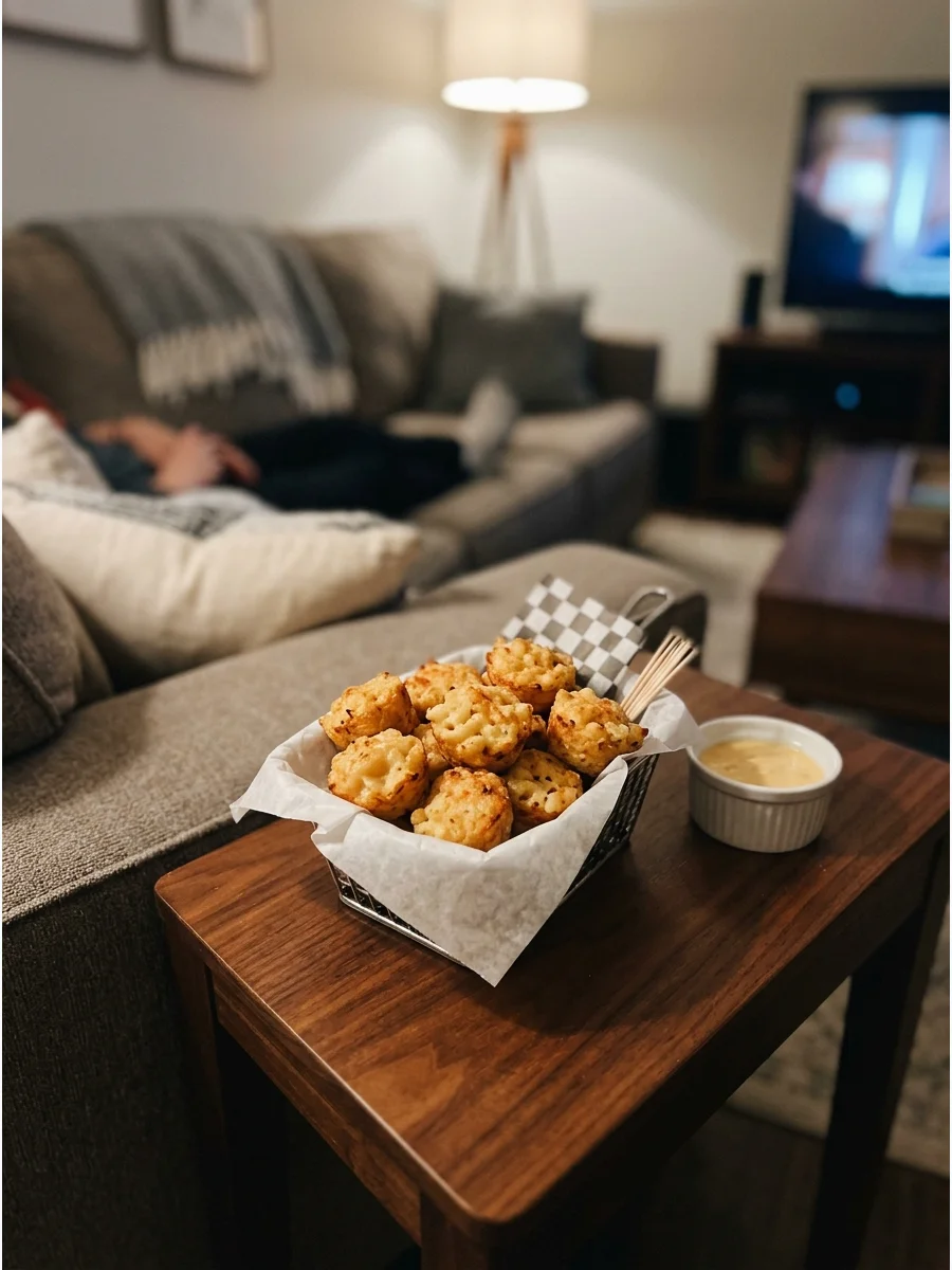 A wire basket lined with paper containing crispy fried macaroni and cheese balls.