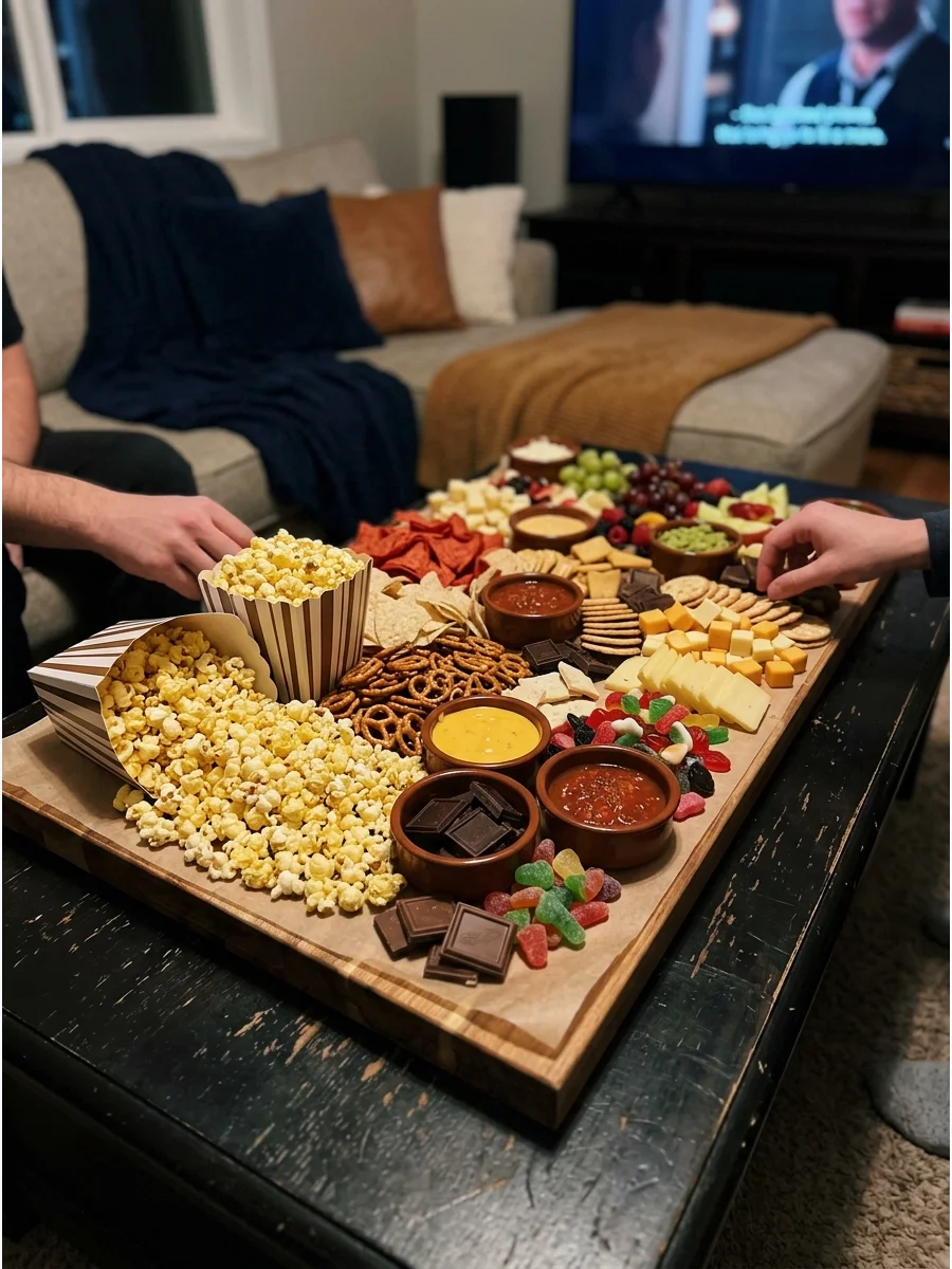 A large snack board filled with popcorn and candy on a wooden table.