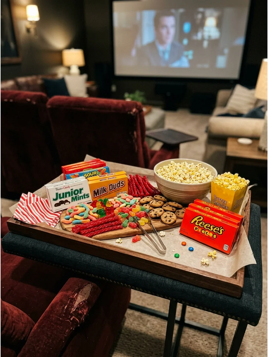 A tray filled with various movie theater candies and chocolates.
