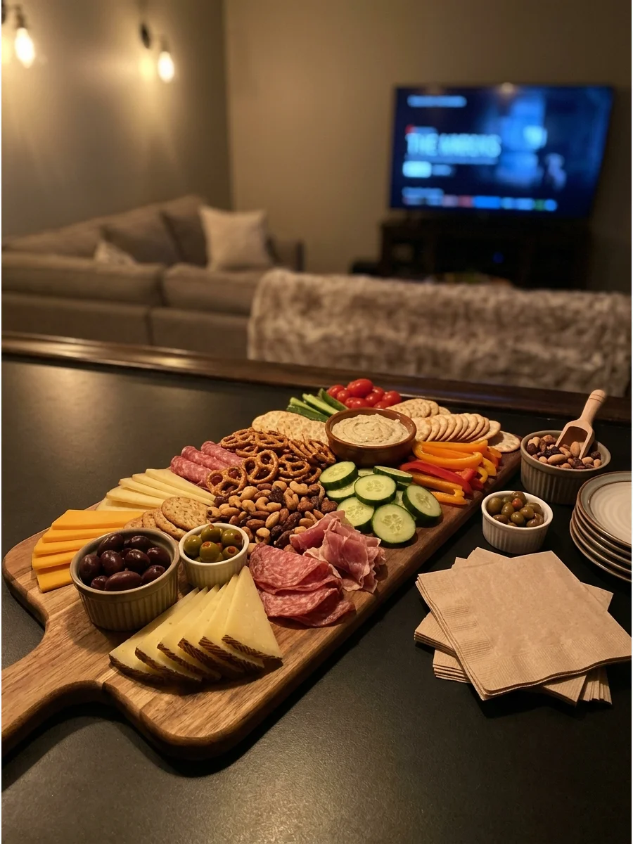A charcuterie board with meats, cheeses, and crackers for a movie night.